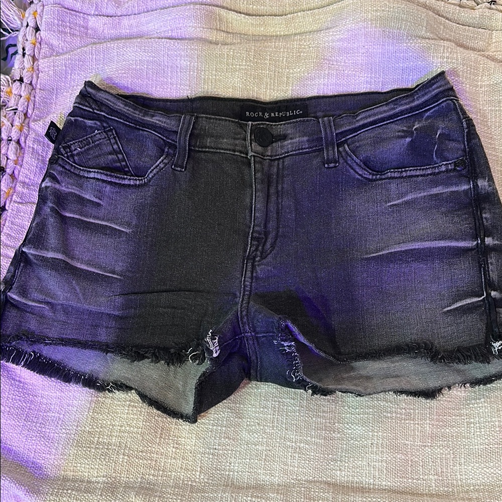 Rock & Republic Black Jean Shorts with Distressed Hem